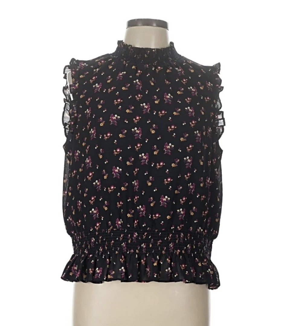 J. Crew Smoked Ditzy Floral Sleeveless Ruffle Navy Blue Top in excellent conditi